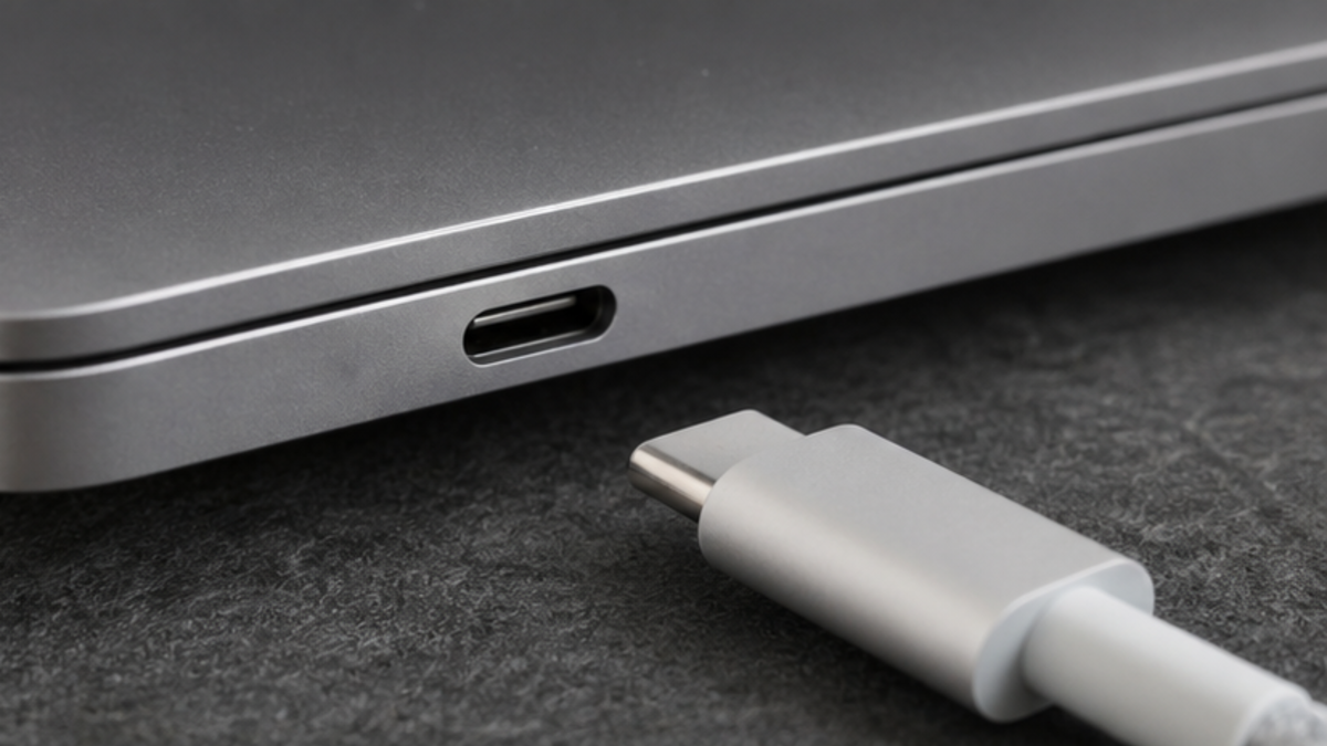 먼지와 손상 여부를 확인하는 노트북 USB-C 충전 포트